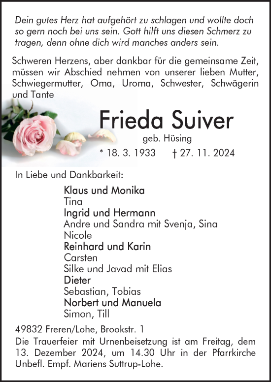 Traueranzeige von Frieda Suiver von Neue Osnabrücker Zeitung GmbH & Co. KG