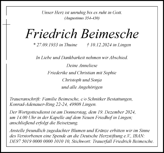 Traueranzeige von Friedrich Beimesche von Neue Osnabrücker Zeitung GmbH & Co. KG