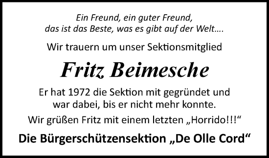 Traueranzeige von Fritz Beimesche von Neue Osnabrücker Zeitung GmbH & Co. KG