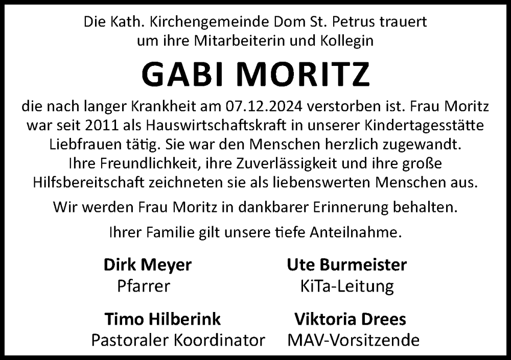  Traueranzeige für Gabi Moritz vom 16.12.2024 aus Neue Osnabrücker Zeitung GmbH & Co. KG