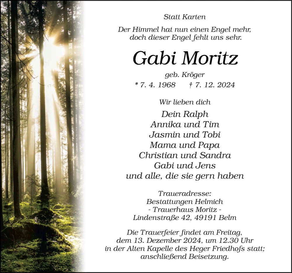  Traueranzeige für Gabi Moritz vom 11.12.2024 aus Neue Osnabrücker Zeitung GmbH & Co. KG
