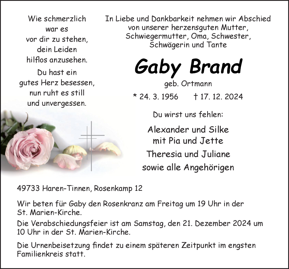  Traueranzeige für Gaby Brand vom 19.12.2024 aus Neue Osnabrücker Zeitung GmbH & Co. KG