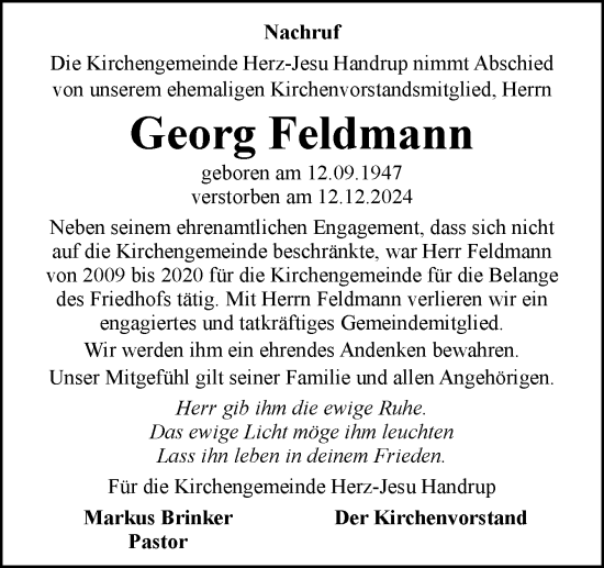 Traueranzeige von Georg Feldmann von Neue Osnabrücker Zeitung GmbH & Co. KG