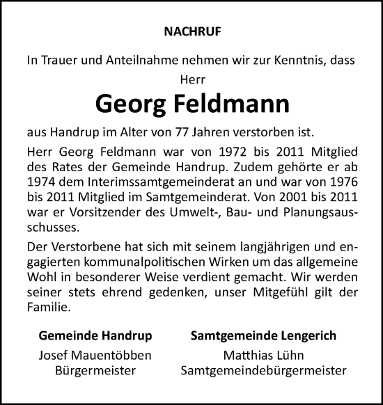 Traueranzeige von Georg Feldmann von Neue Osnabrücker Zeitung GmbH & Co. KG