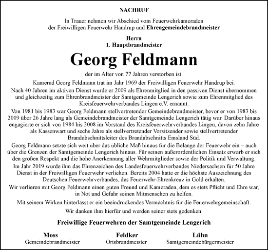 Traueranzeige von Georg Feldmann von Neue Osnabrücker Zeitung GmbH & Co. KG