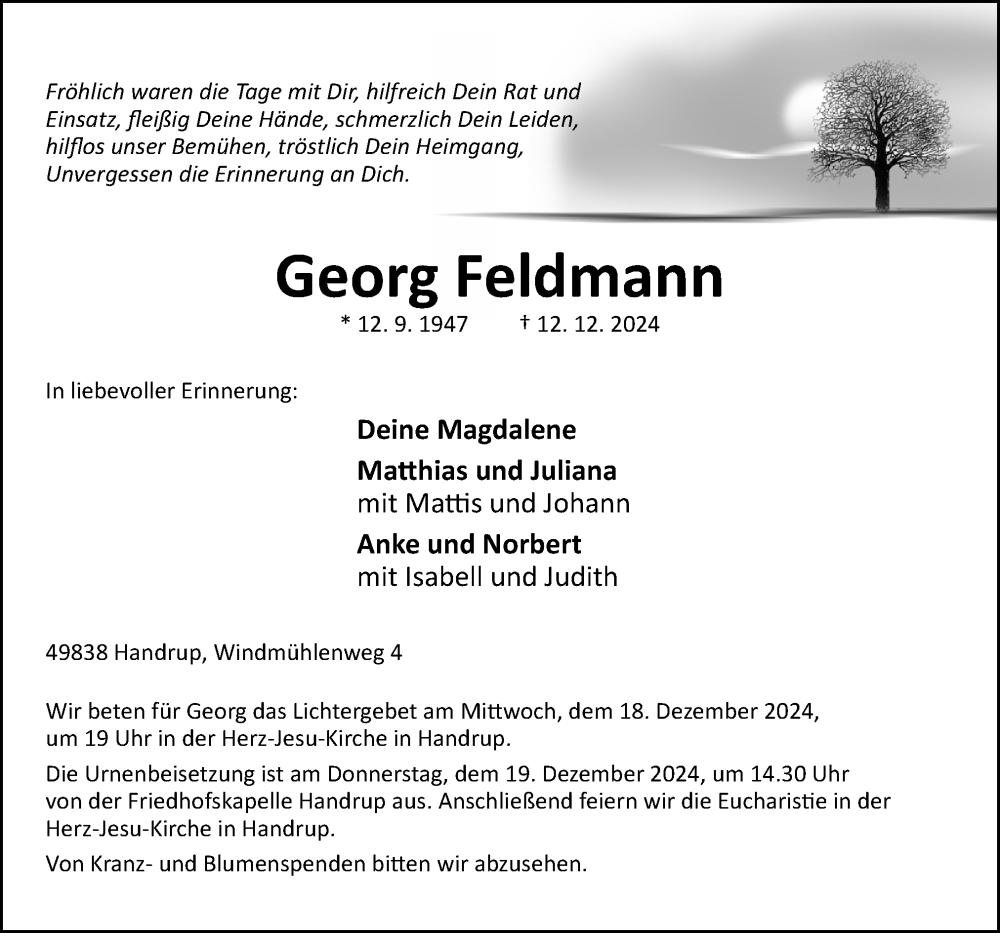  Traueranzeige für Georg Feldmann vom 16.12.2024 aus Neue Osnabrücker Zeitung GmbH & Co. KG