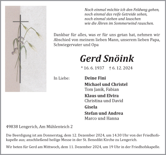 Traueranzeige von Gerd Snöink von Neue Osnabrücker Zeitung GmbH & Co. KG