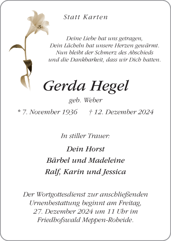 Traueranzeige von Gerda Hegel von Neue Osnabrücker Zeitung GmbH & Co. KG