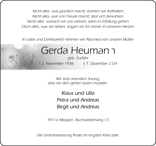 Traueranzeige von Gerda Heumann von Neue Osnabrücker Zeitung GmbH & Co. KG