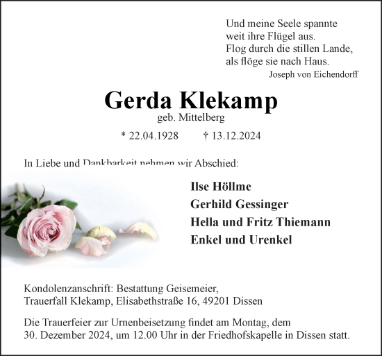 Traueranzeige von Gerda Klekamp von Neue Osnabrücker Zeitung GmbH & Co. KG