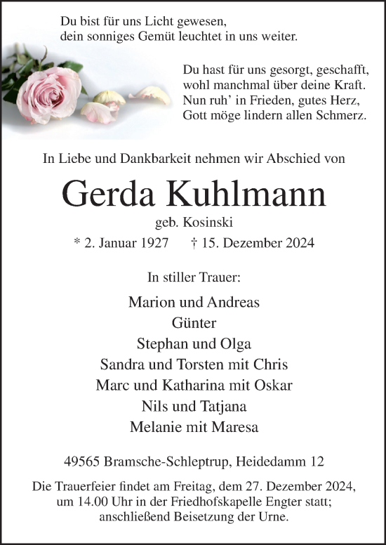 Traueranzeige von Gerda Kuhlmann von Neue Osnabrücker Zeitung GmbH & Co. KG