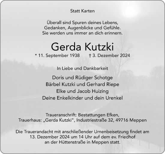 Traueranzeige von Gerda Kutzki von Neue Osnabrücker Zeitung GmbH & Co. KG