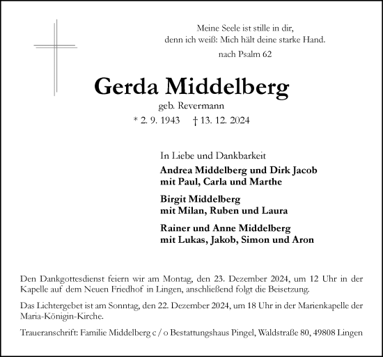 Traueranzeige von Gerda Middelberg von Neue Osnabrücker Zeitung GmbH & Co. KG