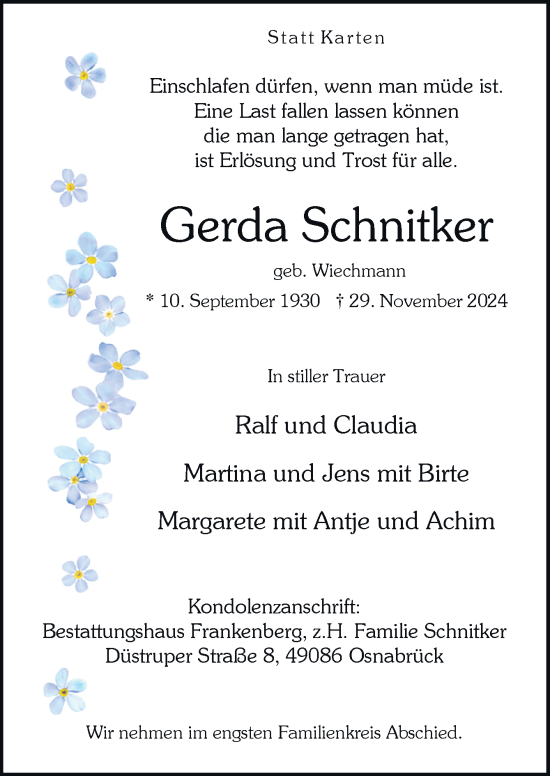 Traueranzeige von Gerda Schnitker von Neue Osnabrücker Zeitung GmbH & Co. KG