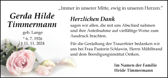 Traueranzeige von Gerda Hilde Timmermann von DK Medien GmbH & Co. KG