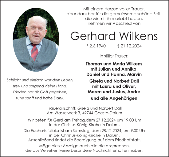 Traueranzeige von Gerhard Wilkens von Neue Osnabrücker Zeitung GmbH & Co. KG