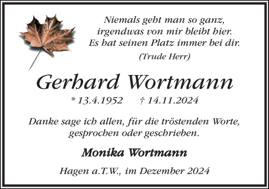 Traueranzeige von Gerhard Wortmann von Neue Osnabrücker Zeitung GmbH & Co. KG