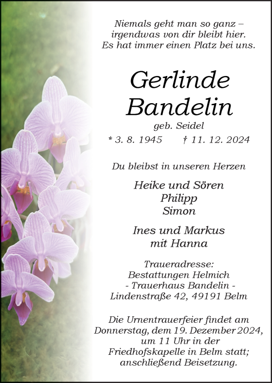 Traueranzeige von Gerlinde Bandelin von Neue Osnabrücker Zeitung GmbH & Co. KG