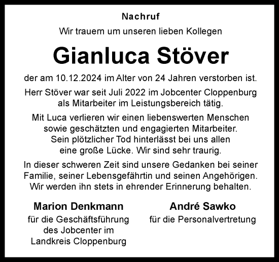 Traueranzeige von Gianluca Stöver von Neue Osnabrücker Zeitung GmbH & Co. KG