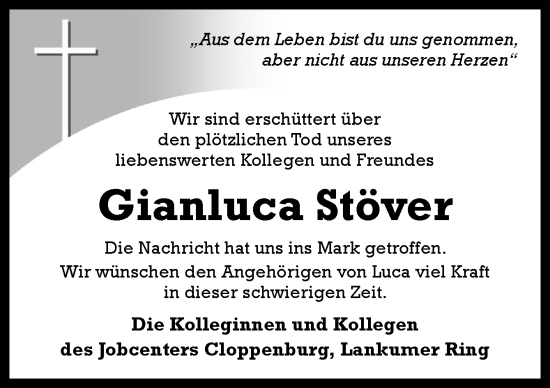 Traueranzeige von Gianluca Stöver von Neue Osnabrücker Zeitung GmbH & Co. KG