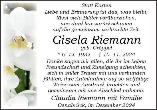 Traueranzeige von Gisela Riemann von Neue Osnabrücker Zeitung GmbH & Co. KG