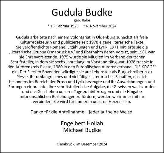 Traueranzeige von Gudula Budke von Neue Osnabrücker Zeitung GmbH & Co. KG