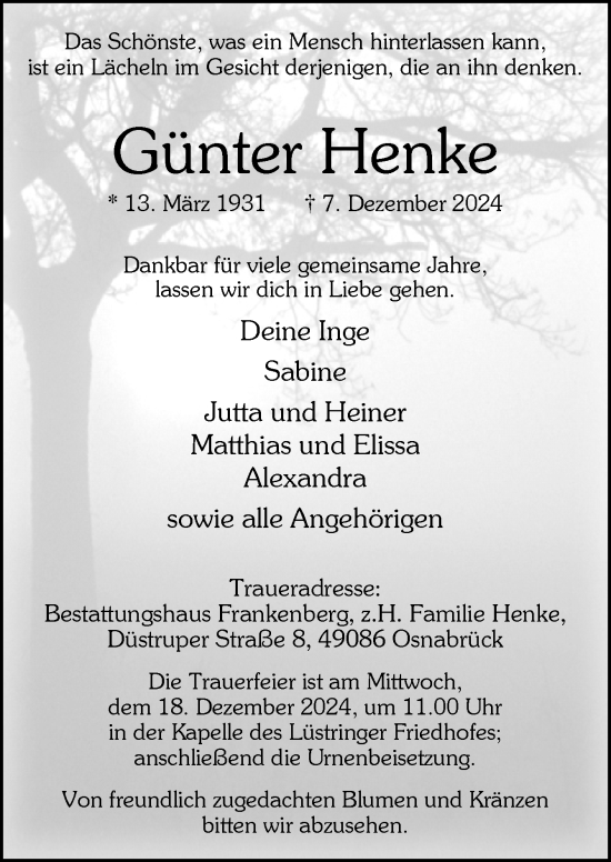 Traueranzeige von Günter Henke von Neue Osnabrücker Zeitung GmbH & Co. KG