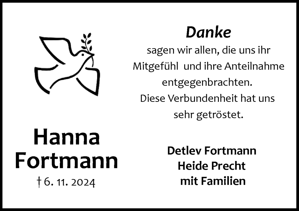  Traueranzeige für Hanna Fortmann vom 21.12.2024 aus DK Medien GmbH & Co. KG