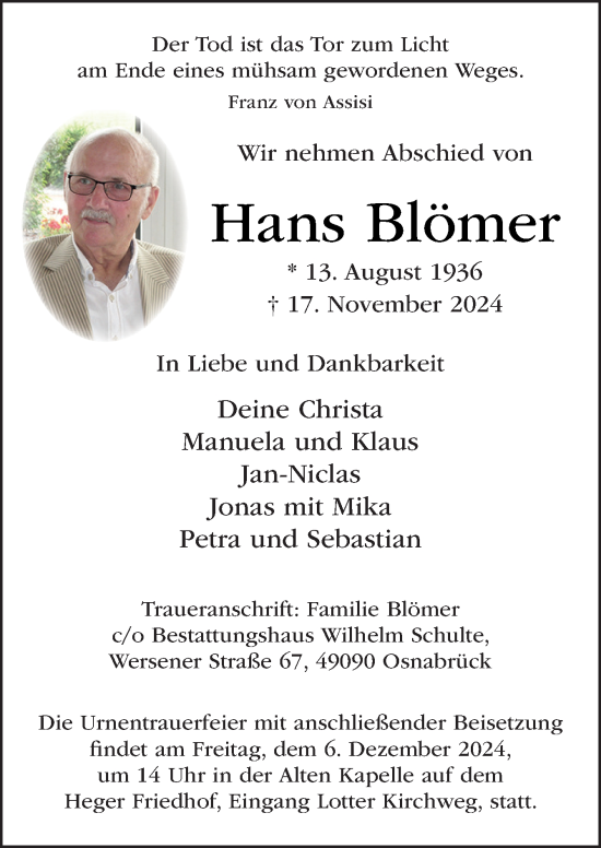 Traueranzeige von Hans Blömer von Neue Osnabrücker Zeitung GmbH & Co. KG