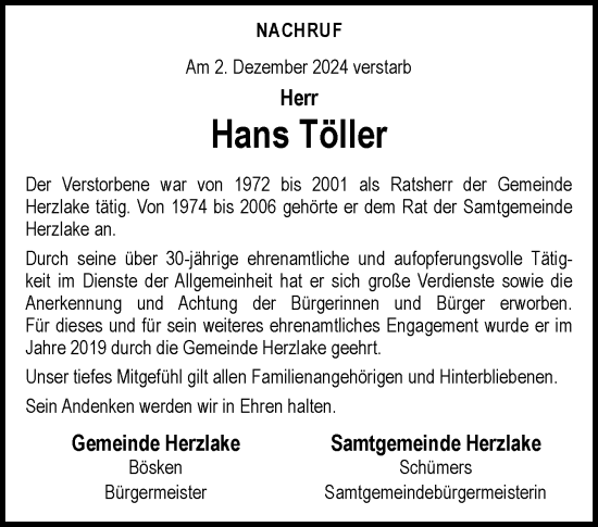 Traueranzeige von Hans Töller von Neue Osnabrücker Zeitung GmbH & Co. KG