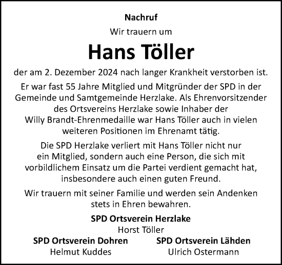 Traueranzeige von Hans Töller von Neue Osnabrücker Zeitung GmbH & Co. KG