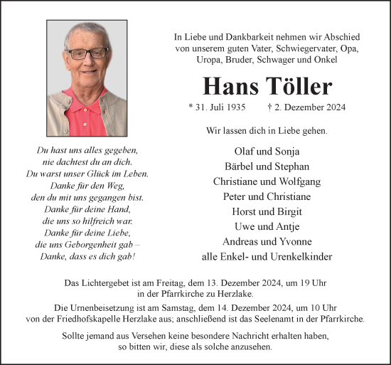 Traueranzeige von Hans Töller von Neue Osnabrücker Zeitung GmbH & Co. KG