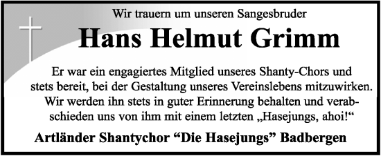 Traueranzeige von Hans Helmut Grimm von Neue Osnabrücker Zeitung GmbH & Co. KG