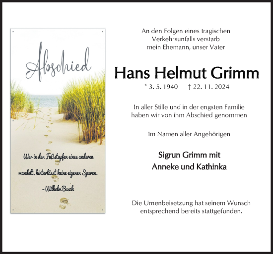 Traueranzeige von Hans Helmut Grimm von Neue Osnabrücker Zeitung GmbH & Co. KG