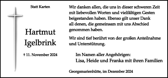 Traueranzeige von Hartmut Igelbrink von Neue Osnabrücker Zeitung GmbH & Co. KG