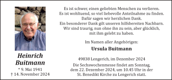 Traueranzeige von Heinrich Buitmann von Neue Osnabrücker Zeitung GmbH & Co. KG