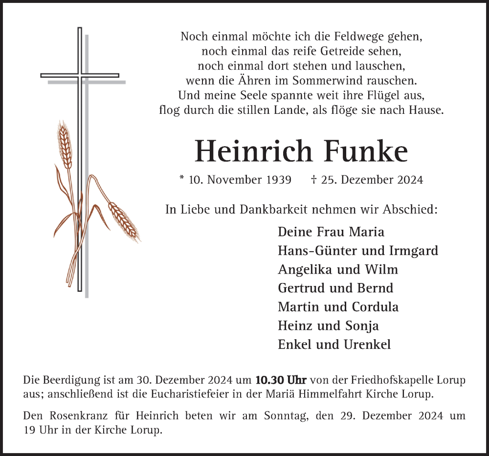  Traueranzeige für Heinrich Funke vom 28.12.2024 aus Neue Osnabrücker Zeitung GmbH & Co. KG