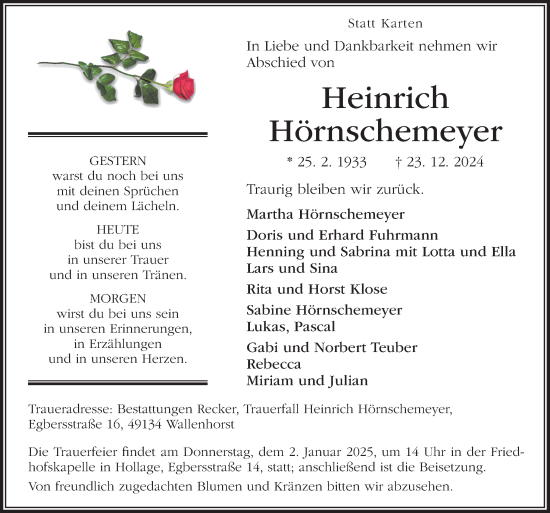 Traueranzeige von Heinrich Hörnschemeyer von Neue Osnabrücker Zeitung GmbH & Co. KG