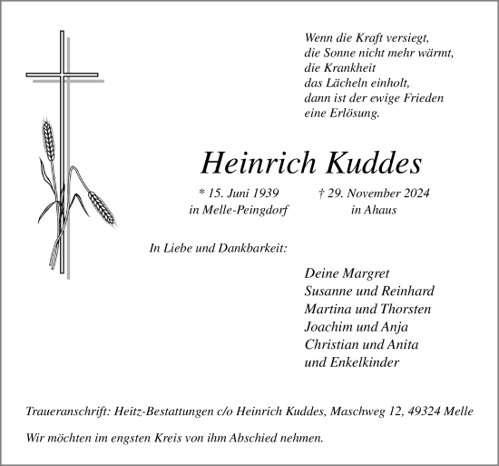 Traueranzeige von Heinrich Kuddes von Neue Osnabrücker Zeitung GmbH & Co. KG