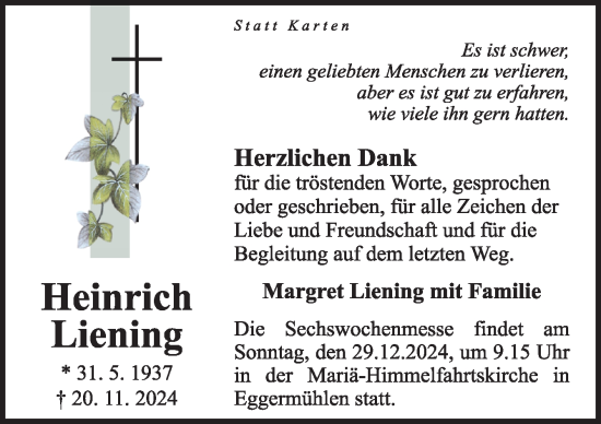 Traueranzeige von Heinrich Liening von Neue Osnabrücker Zeitung GmbH & Co. KG