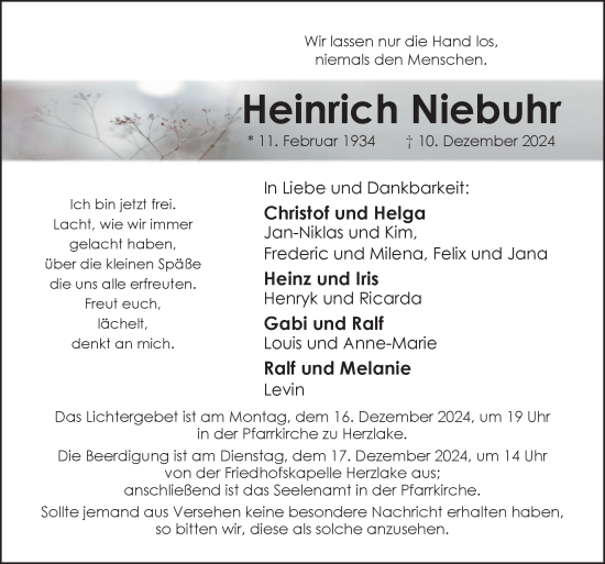 Traueranzeige von Heinrich Niebuhr von Neue Osnabrücker Zeitung GmbH & Co. KG