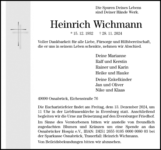 Traueranzeige von Heinrich Wichmann von Neue Osnabrücker Zeitung GmbH & Co. KG