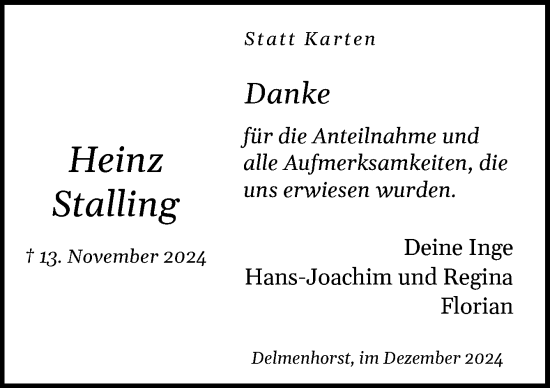 Traueranzeige von Heinz Stalling von DK Medien GmbH & Co. KG