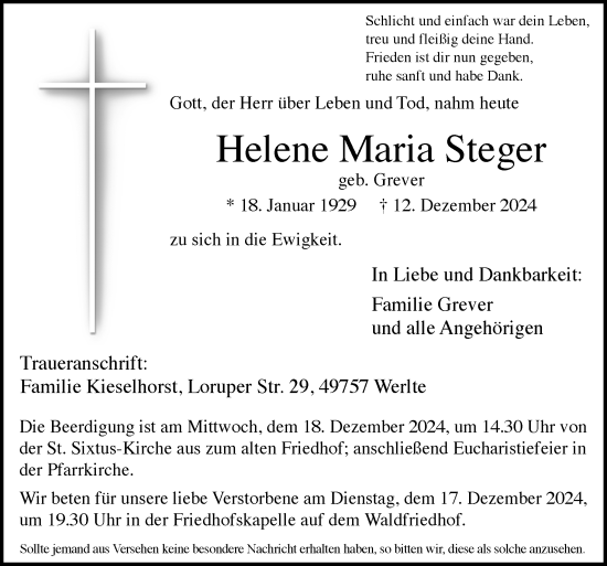 Traueranzeige von Helene Steger von Neue Osnabrücker Zeitung GmbH & Co. KG