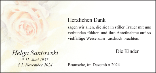 Traueranzeige von Helga Santowski von Neue Osnabrücker Zeitung GmbH & Co. KG