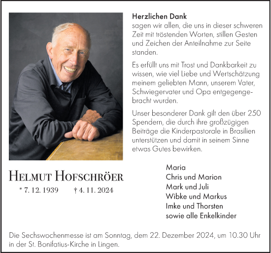 Traueranzeige von Helmut Hofschröer von Neue Osnabrücker Zeitung GmbH & Co. KG