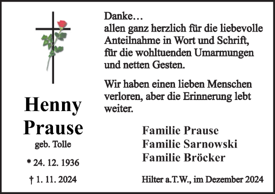 Traueranzeige von Henny weiter von Neue Osnabrücker Zeitung GmbH & Co. KG