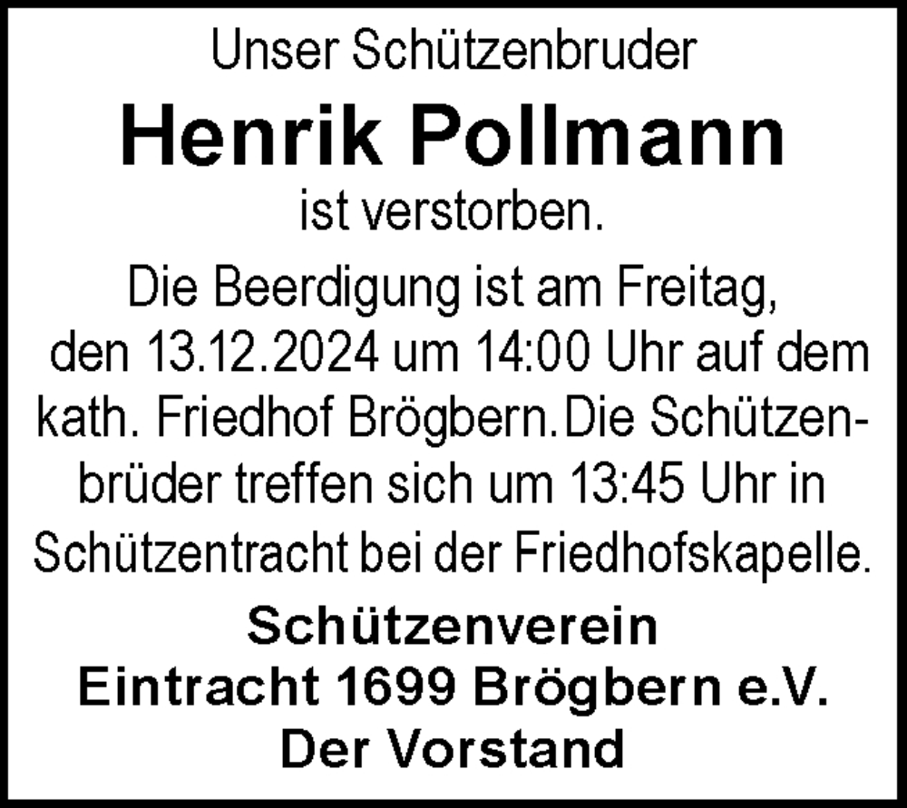  Traueranzeige für Henrik Pollmann vom 11.12.2024 aus Neue Osnabrücker Zeitung GmbH & Co. KG