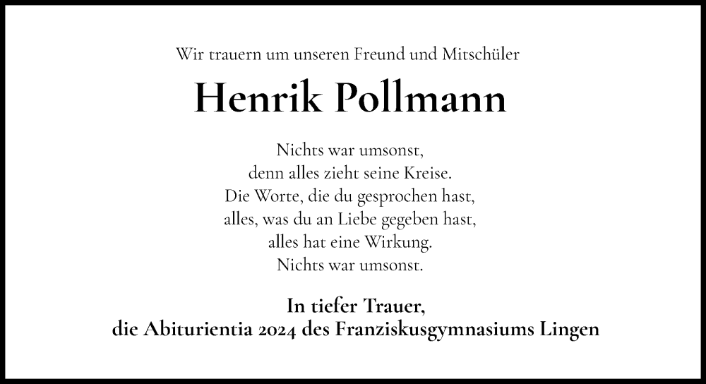  Traueranzeige für Henrik Pollmann vom 16.12.2024 aus Neue Osnabrücker Zeitung GmbH & Co. KG