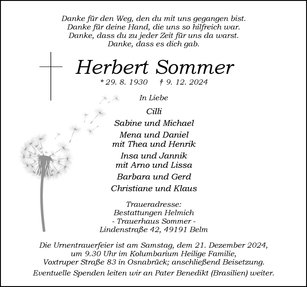  Traueranzeige für Herbert Sommer vom 14.12.2024 aus Neue Osnabrücker Zeitung GmbH & Co. KG